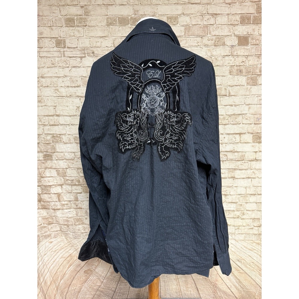 English Laundry BLACK Embroidered Button Shirt Mens XXL Flip Ciff